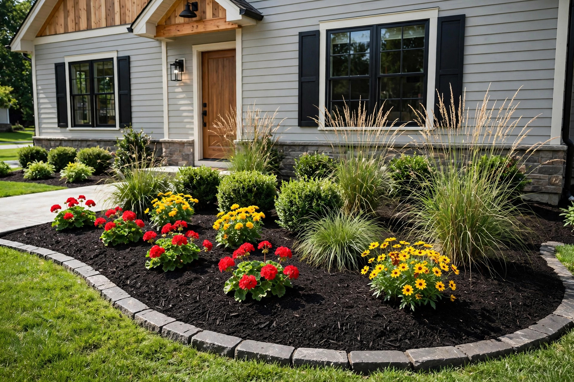 Fresh mulch bed with colorful flowers and trimmed shrubs