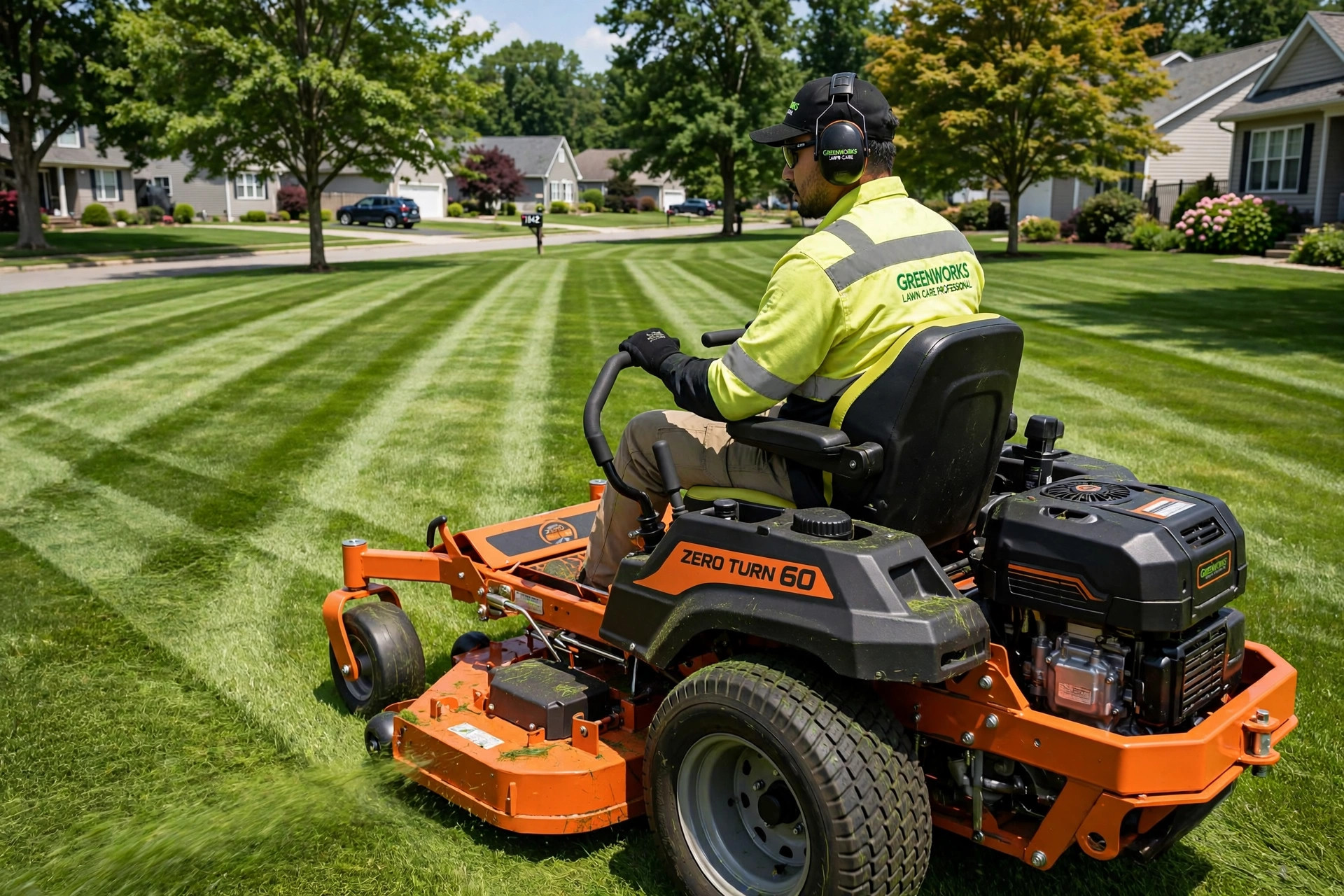 Zero-turn mower cutting crisp stripes into a green lawn