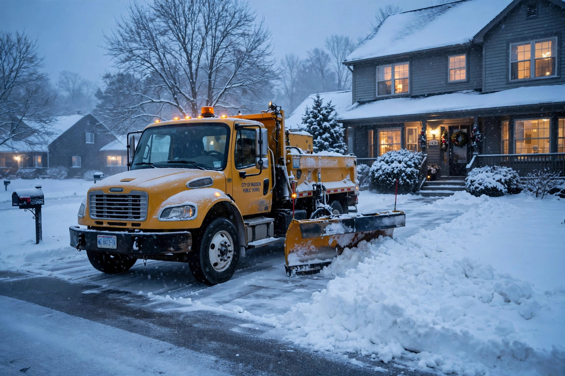 Snow plow clearing a residential driveway in winter